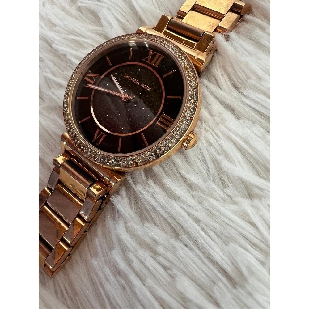 Michael Kors Watch Rose Gold  Black Sparkle Dial Crystal‎ Bezel Needs Battery